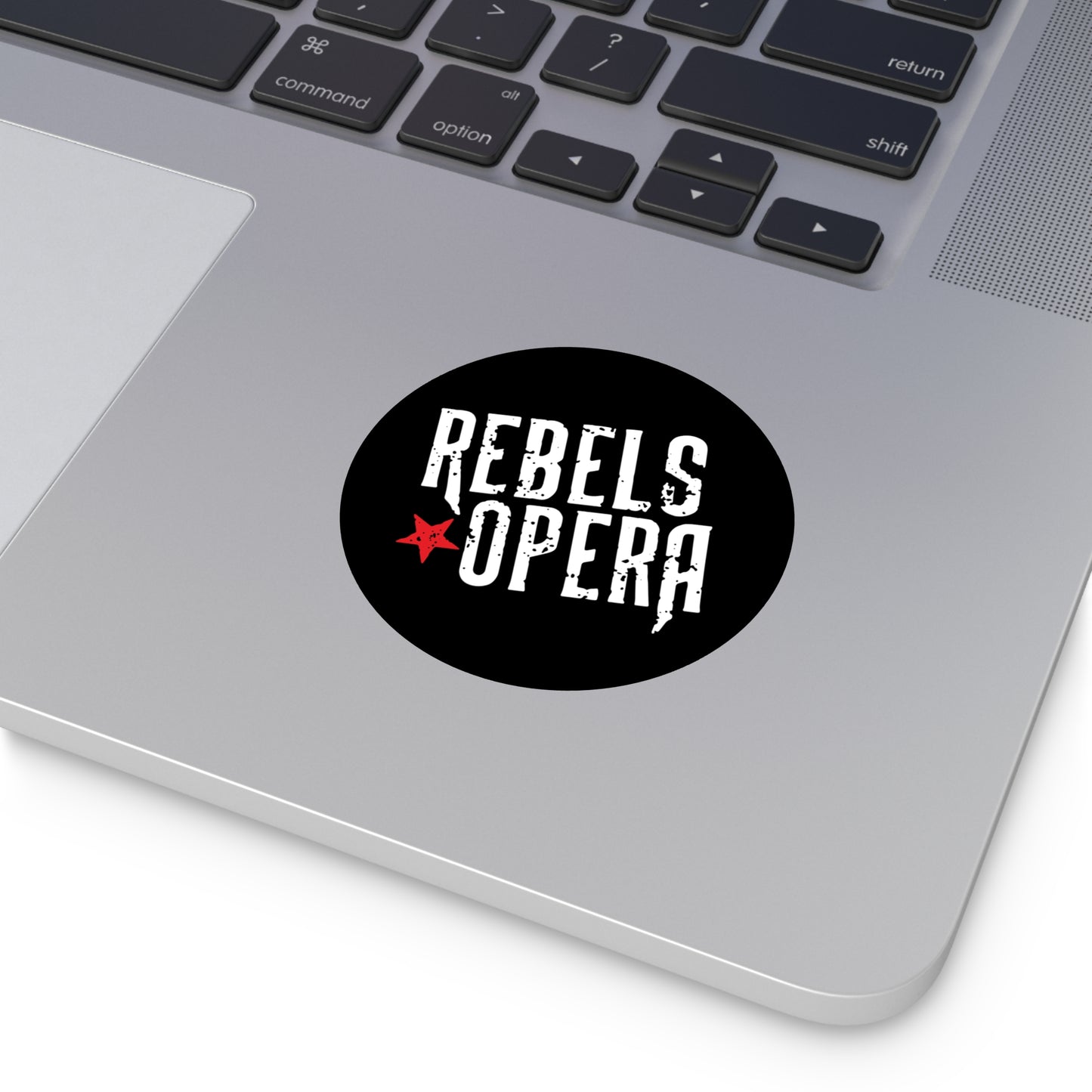 Round Sticker — "Rebels Opera" Distressed Logo Black Vinyl